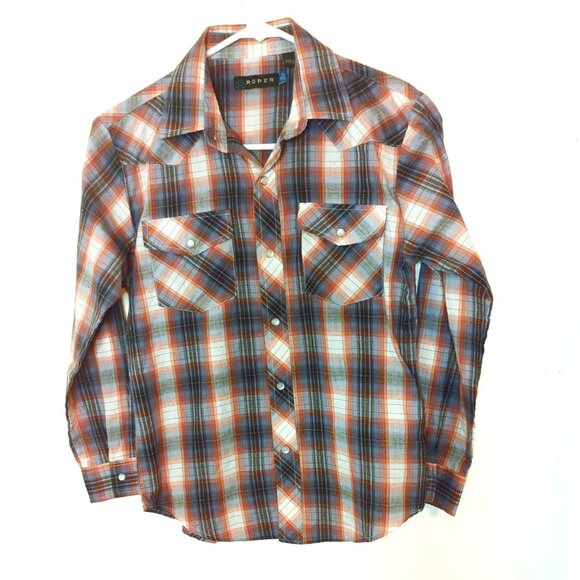 Roper Boys Large Western Plaid Snap Button Long Sleeve Shirt Brown Orange - Picture 1 of 6